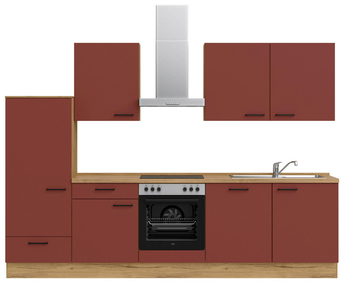 KÜCHENLEERBLOCK 300 cm   in Rot, Eichefarben  - Eichefarben/Rot, MODERN, Holzwerkstoff/Metall (300cm) - Nobilia
