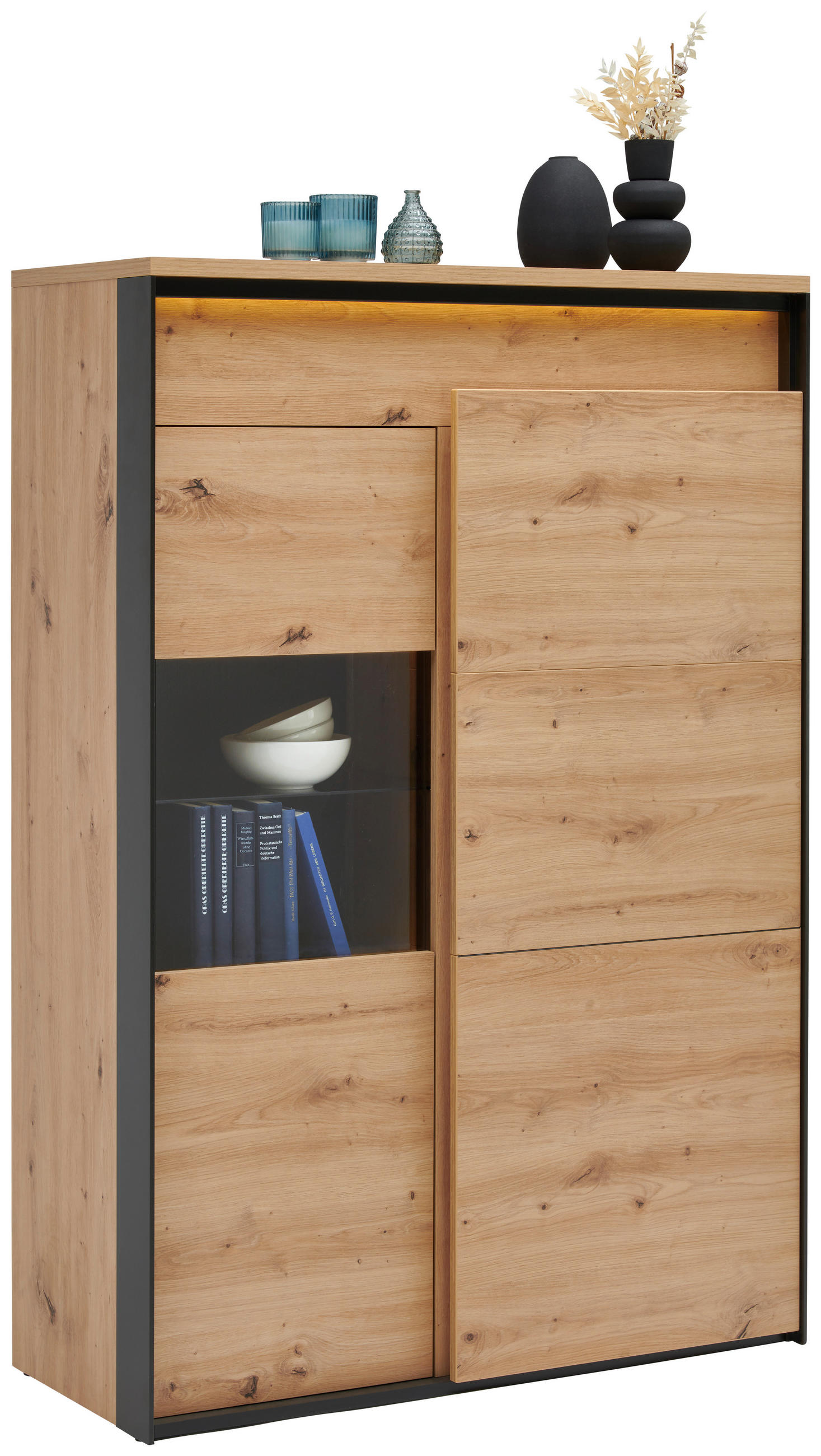 HIGHBOARD Schwarz, Eiche Artisan  95,2/140,5/41,2 cm  - Schwarz/Eiche Artisan, Design, Glas/Holzwerkstoff (95,2/140,5/41,2cm) - Hom`in