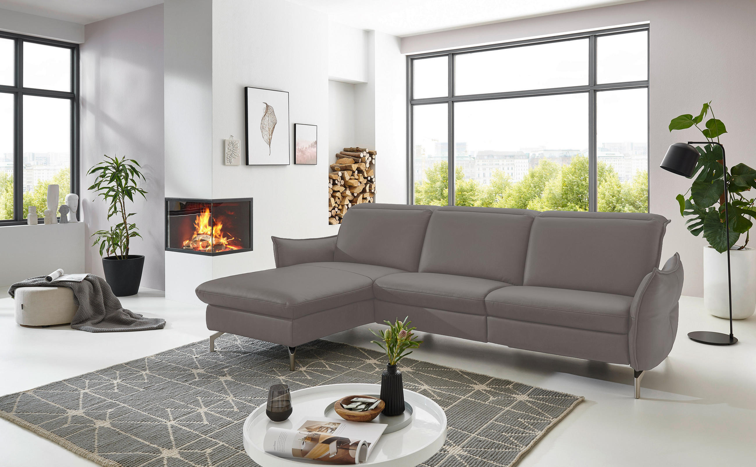 ECKSOFA in Lederlook (vegan) Grau  - Grau/Nickelfarben, Modern, Textil/Metall (179/233cm) - Livetastic