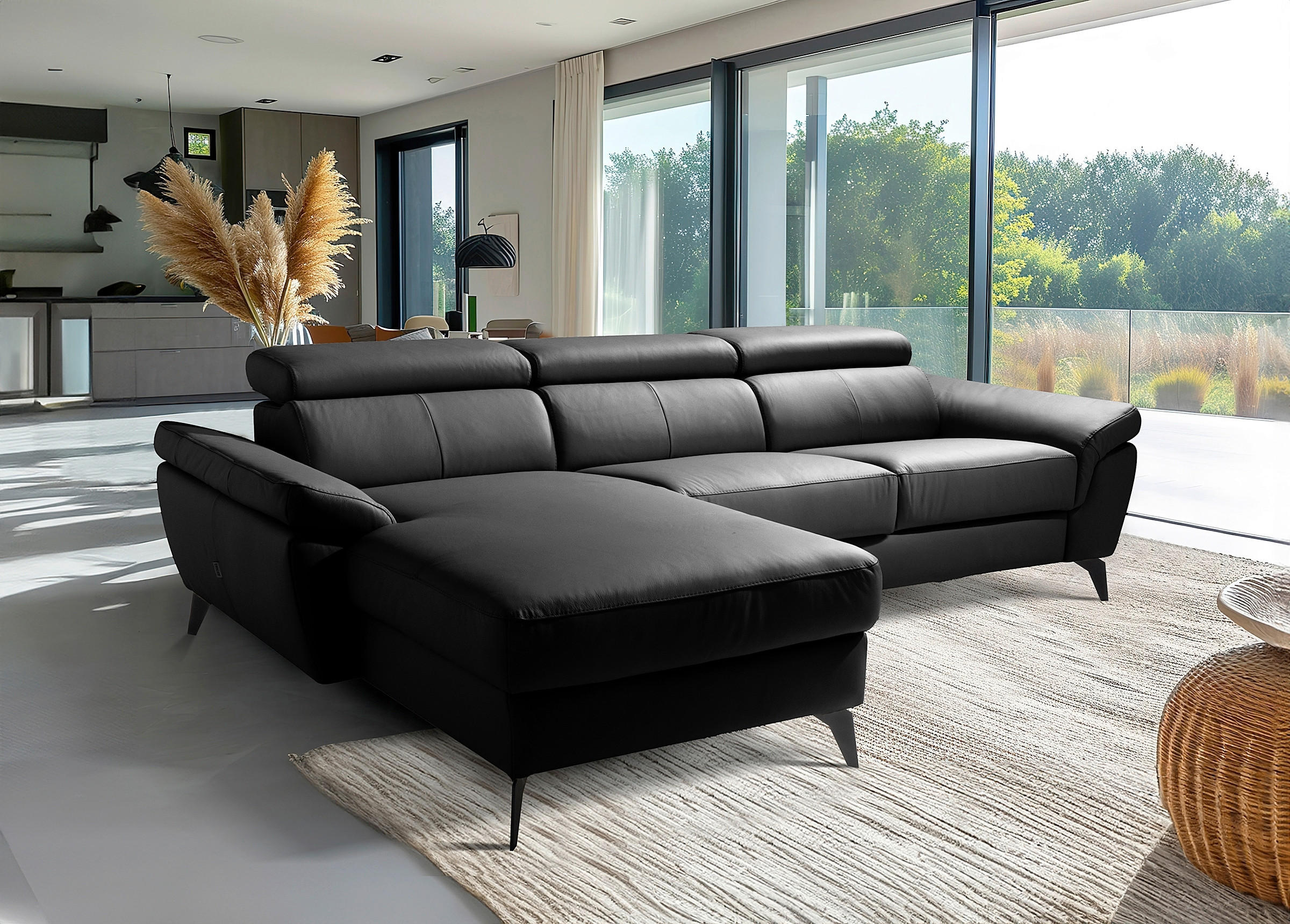 ECKSOFA Lederlook Echtleder Schwarz  - Schwarz, Design, Leder/Textil (179/252cm) - Livetastic