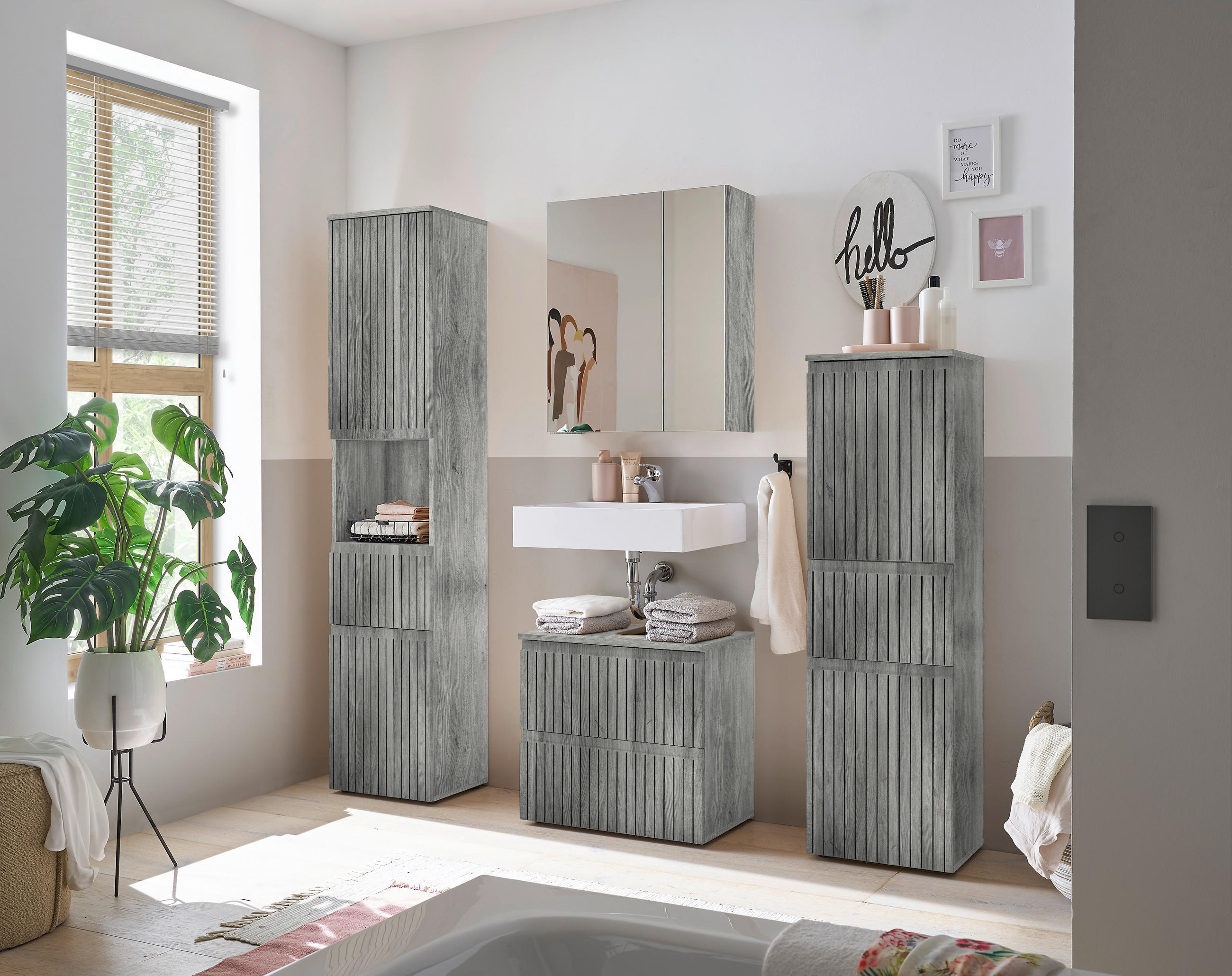 Thumbnail - Mid.you Midischrank, Eiche grau, Holzwerkstoff, 2 Fächer, 1 Schublade(n) Schubladen, 40x136x31 cm, stehend, Badezimmer, ...