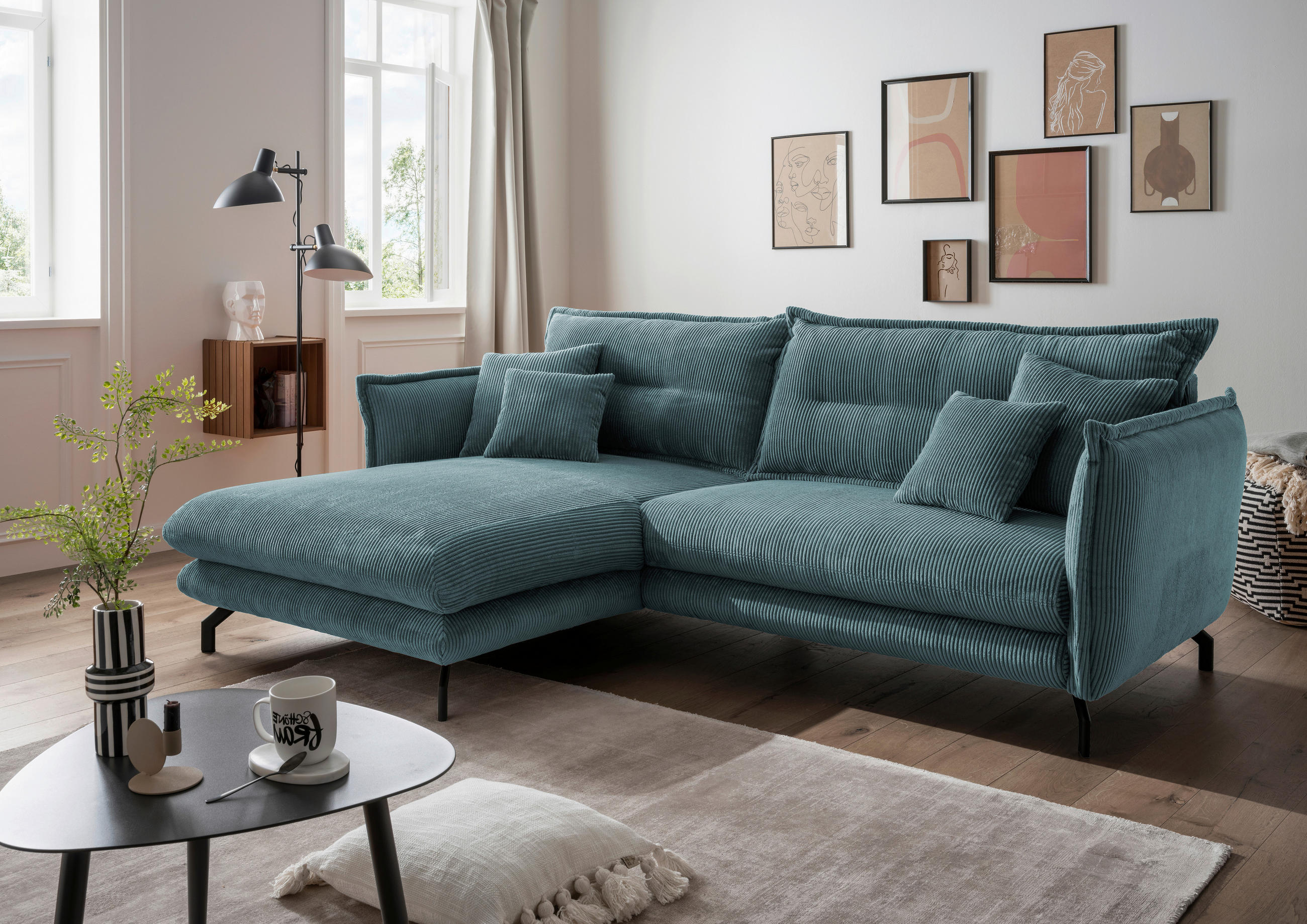 ECKSOFA Petrol Cord  - Petrol/Schwarz, MODERN, Textil/Metall (180/255cm) - Livetastic