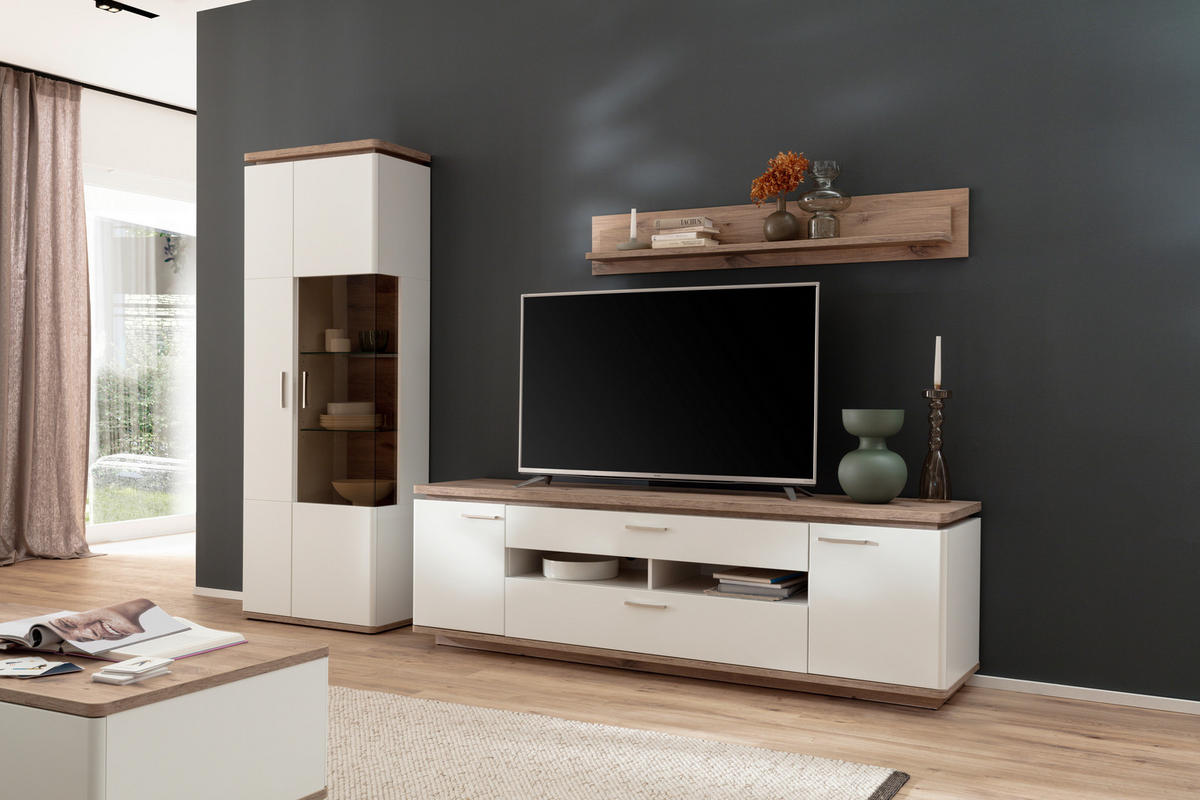 WOHNWAND 3-teilig  in Weiss, Eichefarben 295/208/50 cm  - Weiss/Eichefarben, Design, Glas/Holzwerkstoff (295/208/50cm) - Livetastic