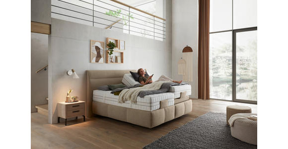 BOXSPRINGBETT 180/200 cm,  in Beige, Matratze, Topper, motorische Verstellbarkeit, Fernbedienung, unterschiedliche Matratzenhärtegrade je Bettseite, H2 + H3 = mittel + fest  - Beige/Schwarz, KONVENTIONELL, Kunststoff/Textil (180/200cm) - Voleo