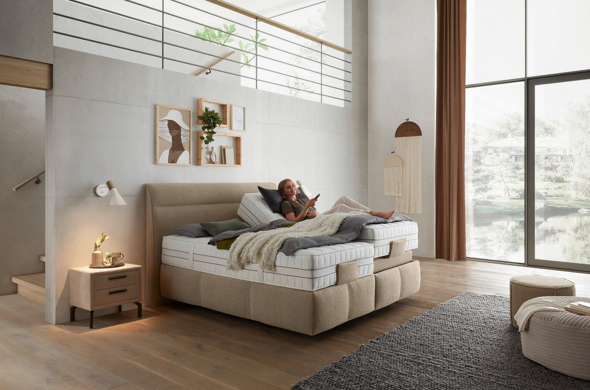 BOXSPRINGBETT 180/200 cm,  in Beige, Matratze, Topper, motorische Verstellbarkeit, Fernbedienung, unterschiedliche Matratzenhärtegrade je Bettseite, H2 + H3 = mittel + fest  - Beige/Schwarz, KONVENTIONELL, Kunststoff/Textil (180/200cm) - Voleo