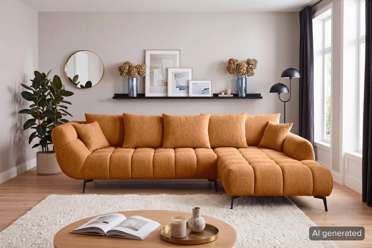 ECKSOFA 318/217 cm  in Bouclé Kupferfarben Zierkissen, Rückenkissen, Rücken echt  318/217 cm  - Schwarz/Kupferfarben, MODERN, Textil/Metall (318/217cm) - Carryhome