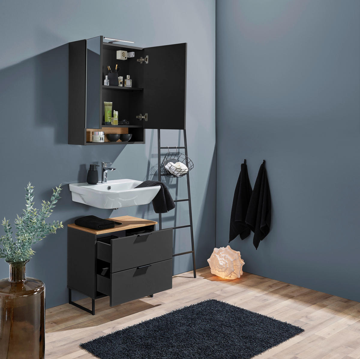 WASCHBECKENUNTERSCHRANK 60/60/35 cm  - Eichefarben/Schwarz, KONVENTIONELL, Holzwerkstoff/Metall (60/60/35cm) - home24