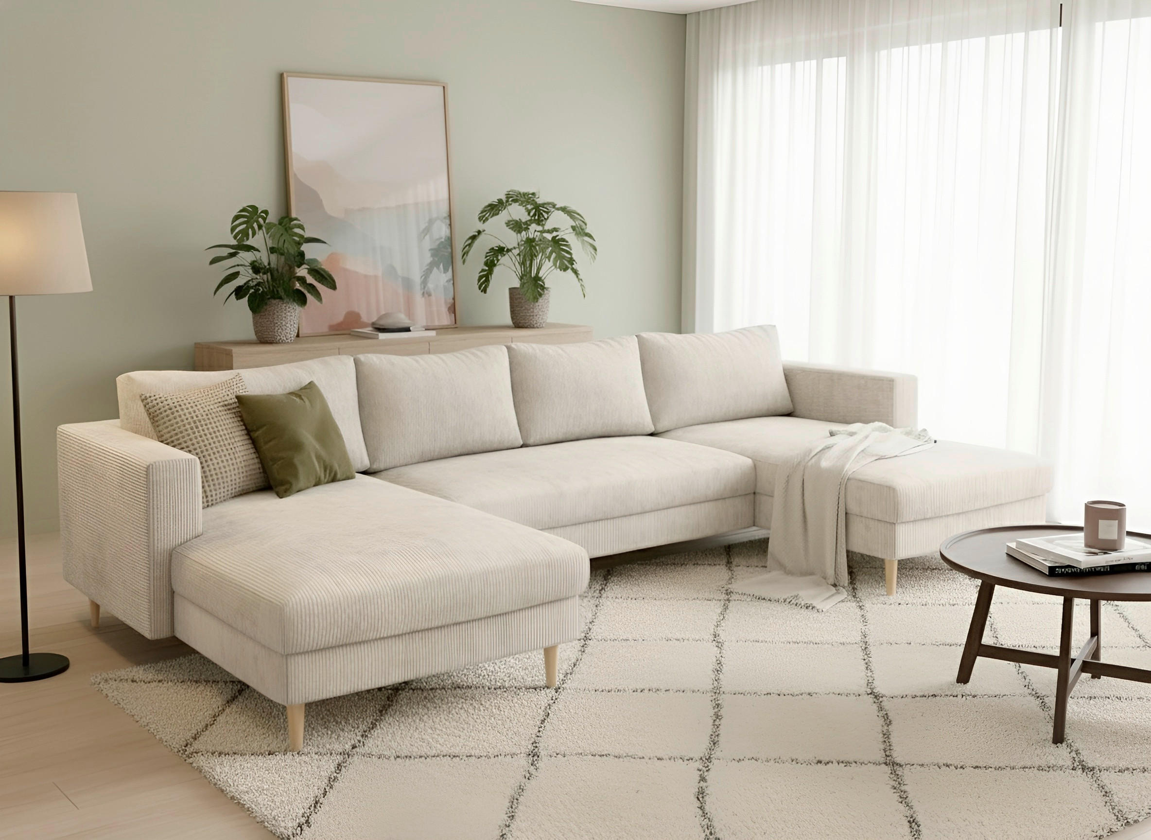 WOHNLANDSCHAFT Creme Cord  - Buchefarben/Creme, MODERN, Holz/Textil (161/306/161cm) - Trendmanufaktur