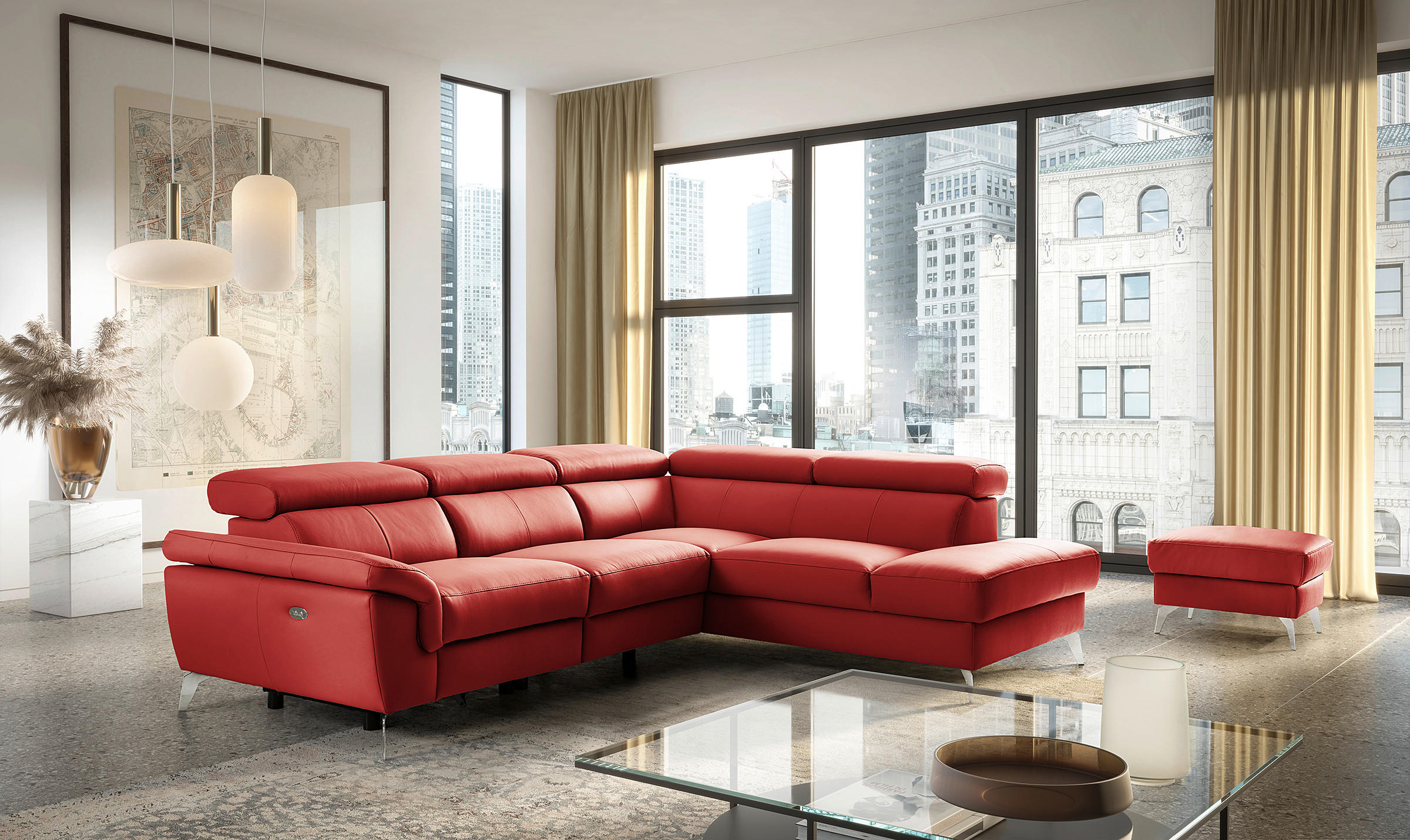 ECKSOFA Rot Echtleder Lederlook Rücken echt, Armteilverstellung, Relaxfunktion, Kopfteilverstellung  - Chromfarben/Rot, Design, Leder/Textil (265/210cm) - Livetastic