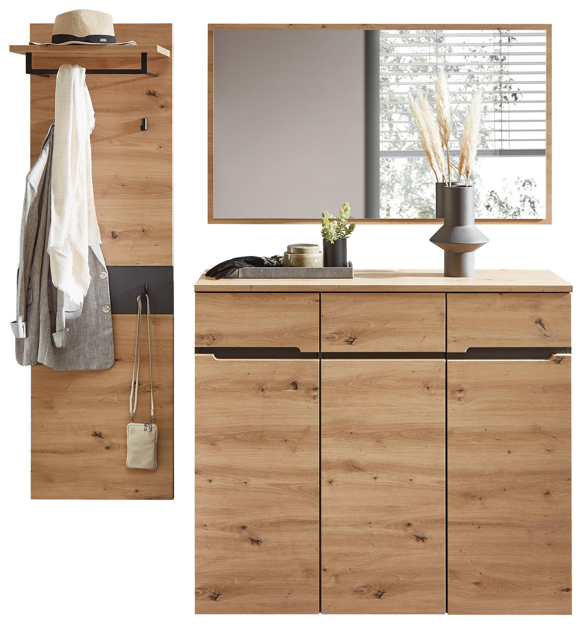 GARDEROBE 3-teilig  in 181/190/38 cm  - Graphitfarben/Eiche Artisan, Design, Glas/Holzwerkstoff (181/190/38cm) - Voleo