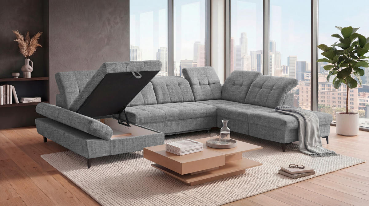 WOHNLANDSCHAFT MERCY in Mikrovelours Grau  - Schwarz/Grau, MODERN, Kunststoff/Textil (169/348/245cm) - MID.YOU
