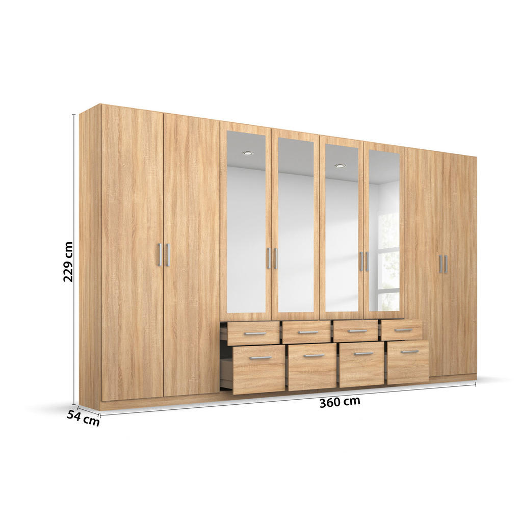Thumbnail - Rauch Möbel Drehtürenschrank Rauch Bingen, Sonoma Eiche, Kunststoff, 6 Fächer, 8 Schubladen, 360x229x54 cm, Blauer Engel...