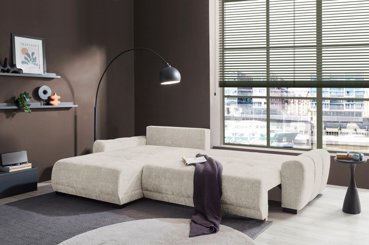 HÖRNBÄDDSOFFA 3-sits i chenille elfenbensfärgad  - svart/elfenbensfärgad, Basics, textil/plast (321/184cm) - Livetastic