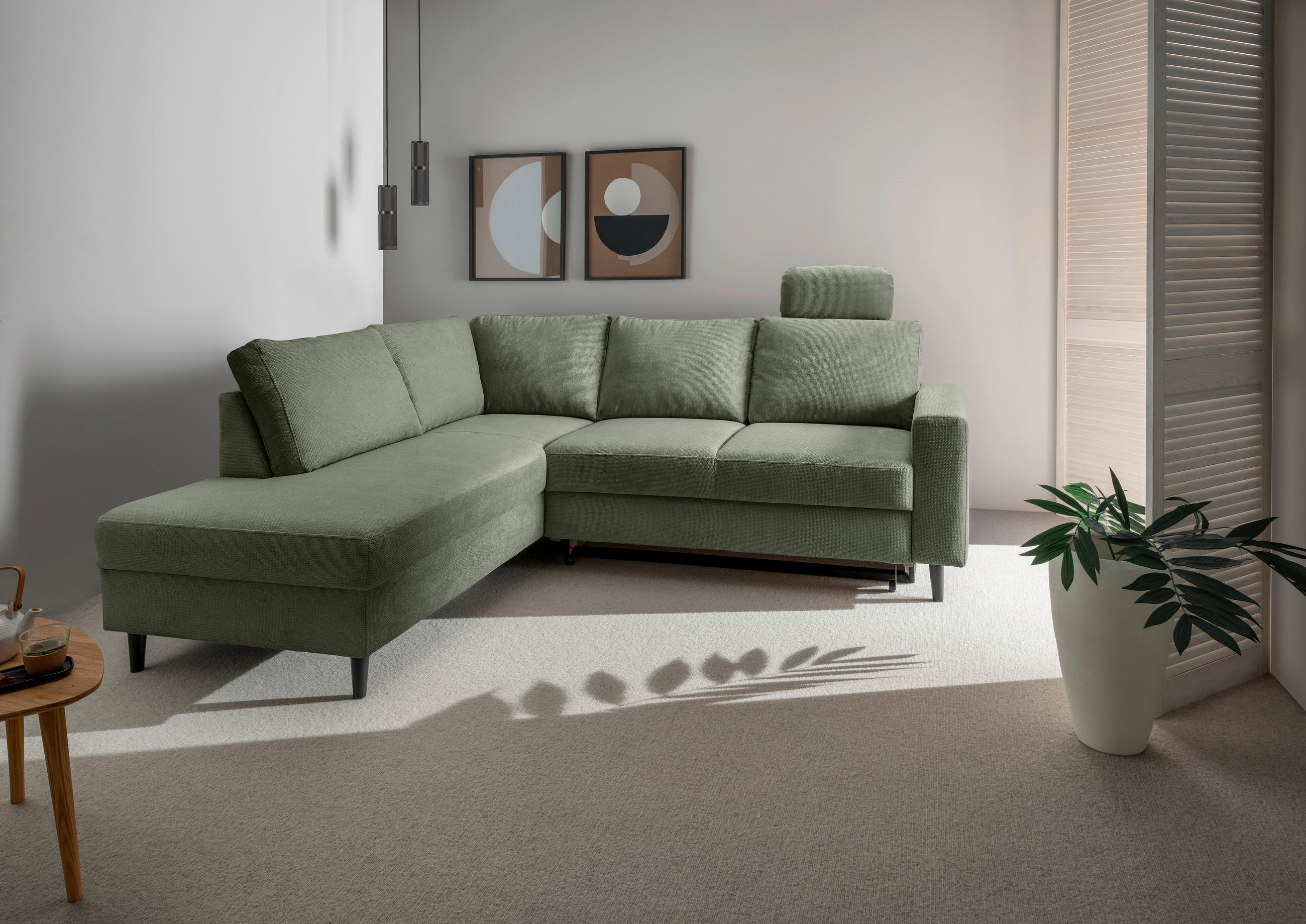 ECKSCHLAFSOFA in Dunkelgrün Textil   - Dunkelgrün/Schwarz, Modern, Holz/Textil (200/242cm) - Livetastic