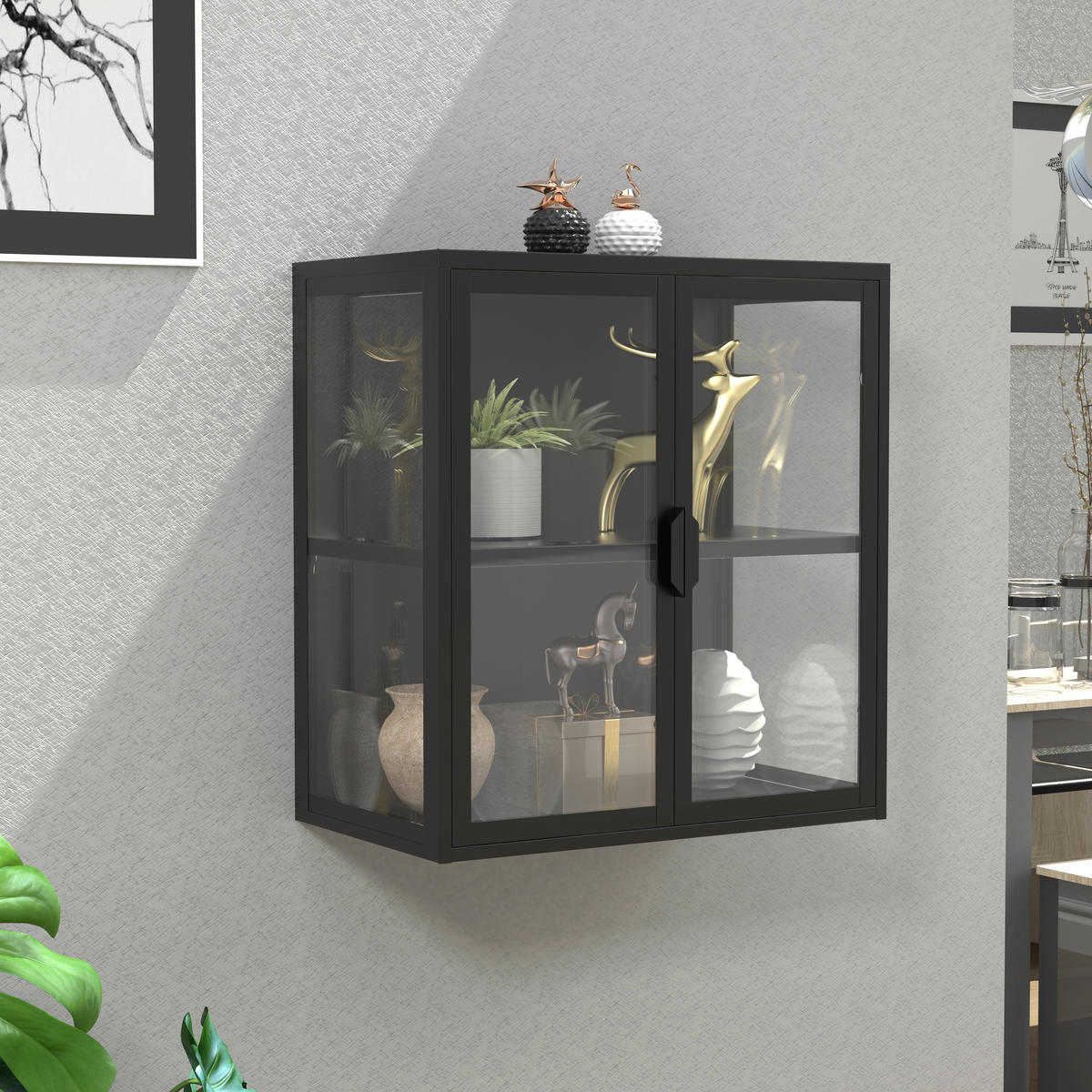 VÄGGHÄNGT VITRINSKÅP i svart   - svart/transparent, Design, metall/glas (60/65/35cm) - MID.YOU