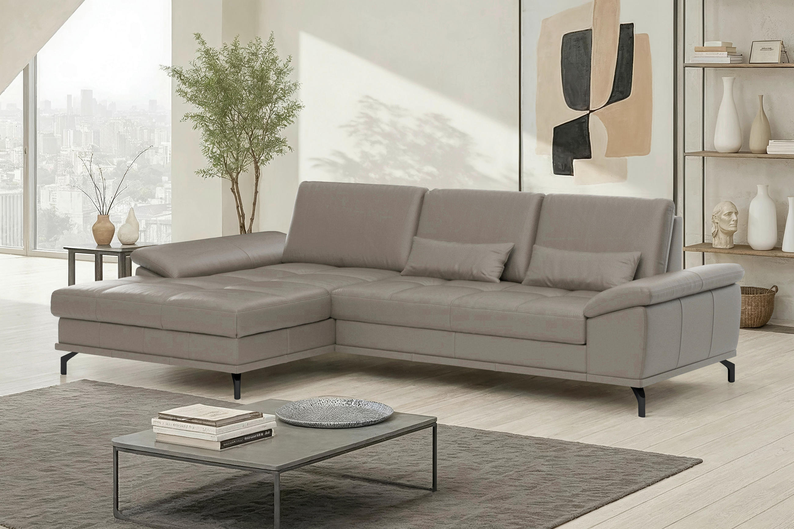 ECKSOFA 176/301 cm COSTELLO E in Echtleder Grau Nierenkissen, Armteilverstellung, Sitztiefenverstellung  176/301 cm  - Schwarz/Grau, Basics, Leder/Textil (176/301cm) - Sit & More