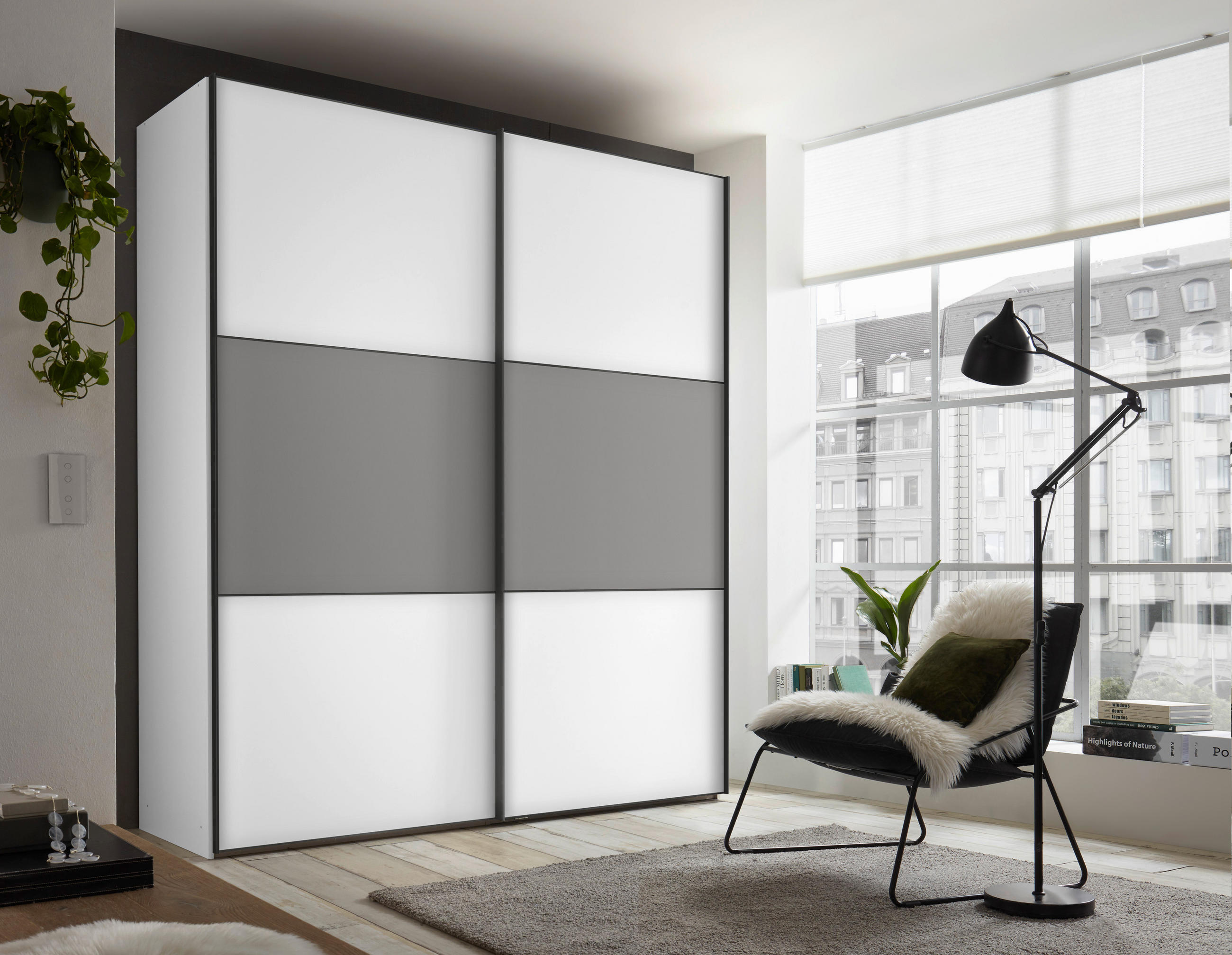 SCHWEBETÜRENSCHRANK 2-türig Weiß, Hellgrau  - Hellgrau/Schwarz, Holzwerkstoff/Metall (200/222/68cm) - Moderano