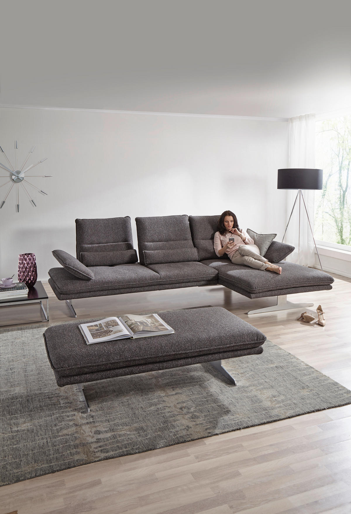 ECKSOFA in Webstoff Anthrazit  - Chromfarben/Anthrazit, Design, Textil/Metall (291/164cm) - Chilliano