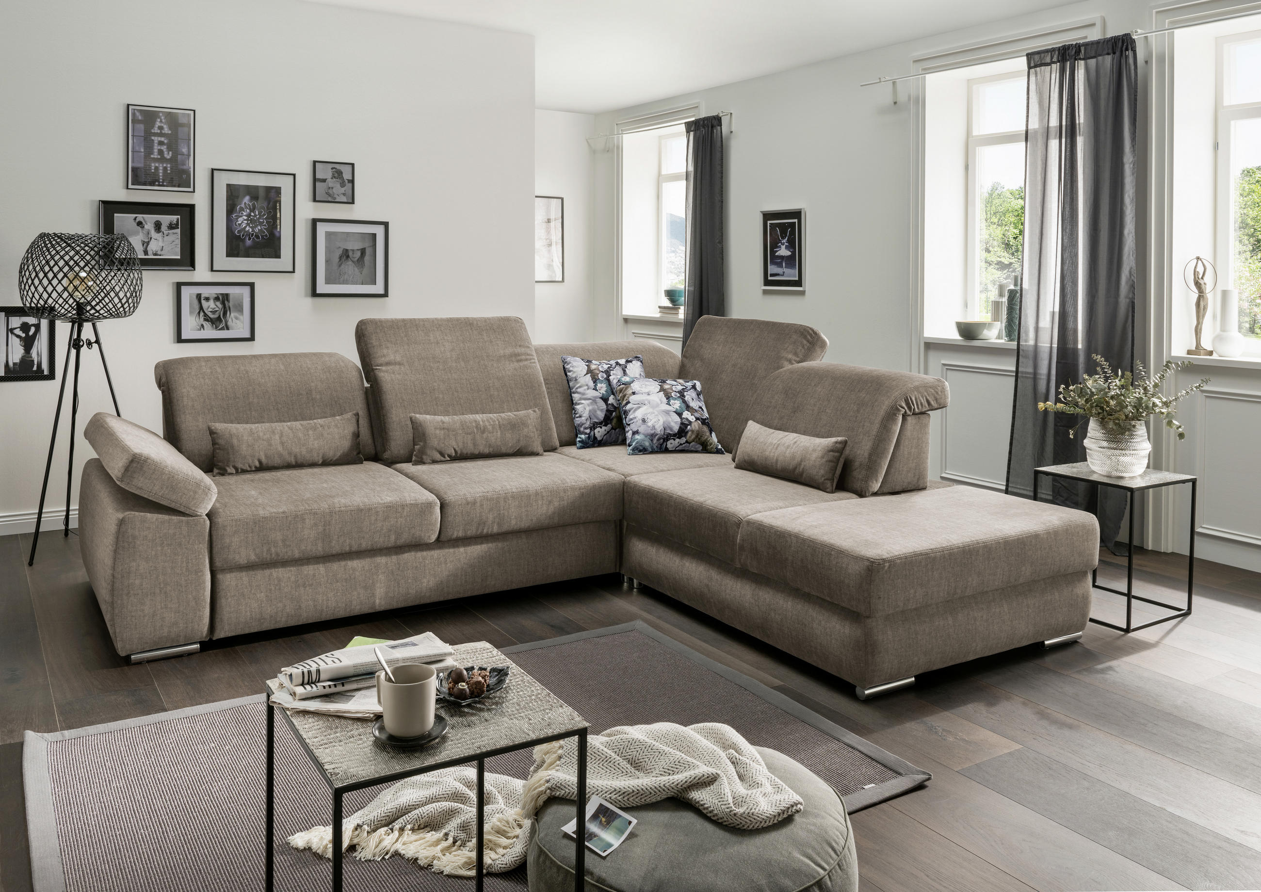 Ecksofa Hellbraun Velours  - Hellbraun/Chromfarben, MODERN, Holz/Textil (297/250cm) - Livetastic