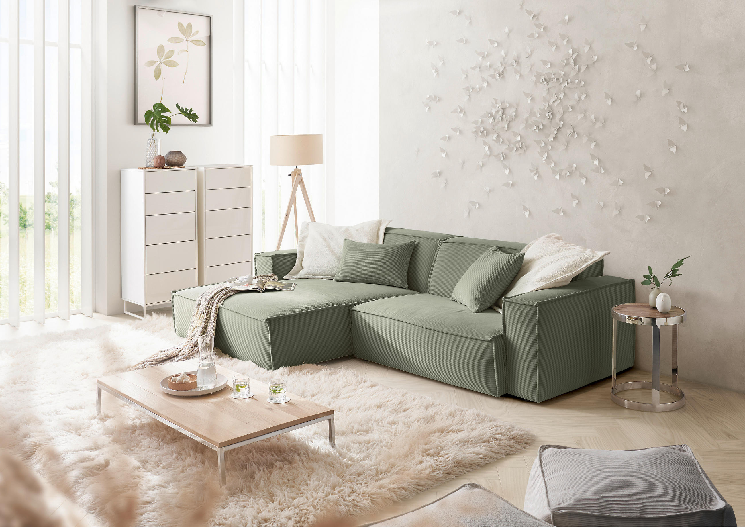 ECKSOFA Olivgrün Feincord  - Schwarz/Olivgrün, KONVENTIONELL, Kunststoff/Textil (168/276cm) - Hom`in