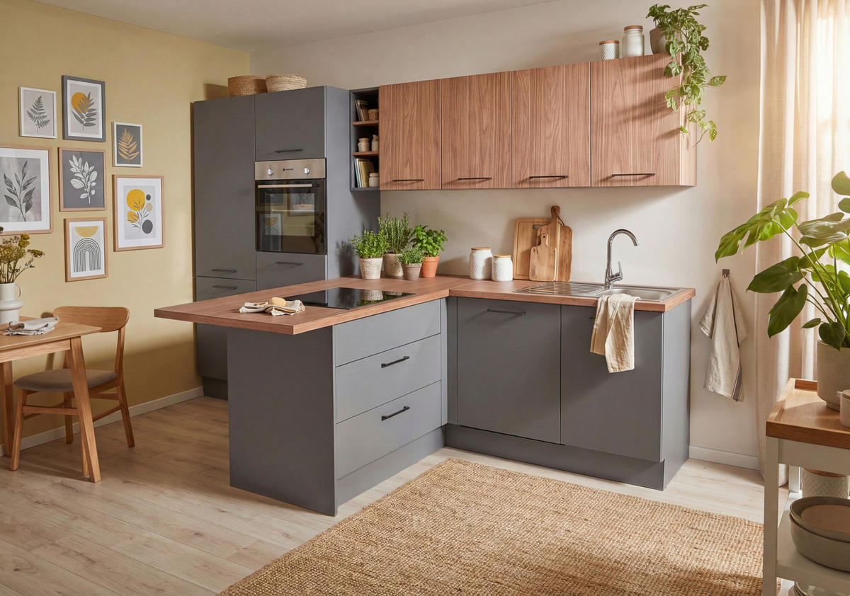 ECKKÜCHE 325/184 cm  in Graphitfarben, Walnussfarben  - Walnussfarben/Schwarz, Basics, Holzwerkstoff/Metall (325/184cm) - P & B