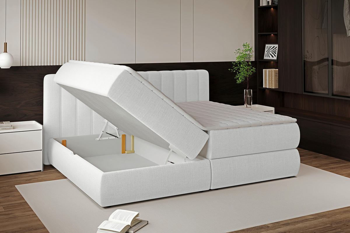 BOXSPRINGBETT 200/200 cm,  in Beige, gepolstertes Kopfteil, Bettkasten, Topper, Matratzen, H3 + H3 = fest  - Beige/Schwarz, Design, Kunststoff/Textil (200/200cm) - Chameo