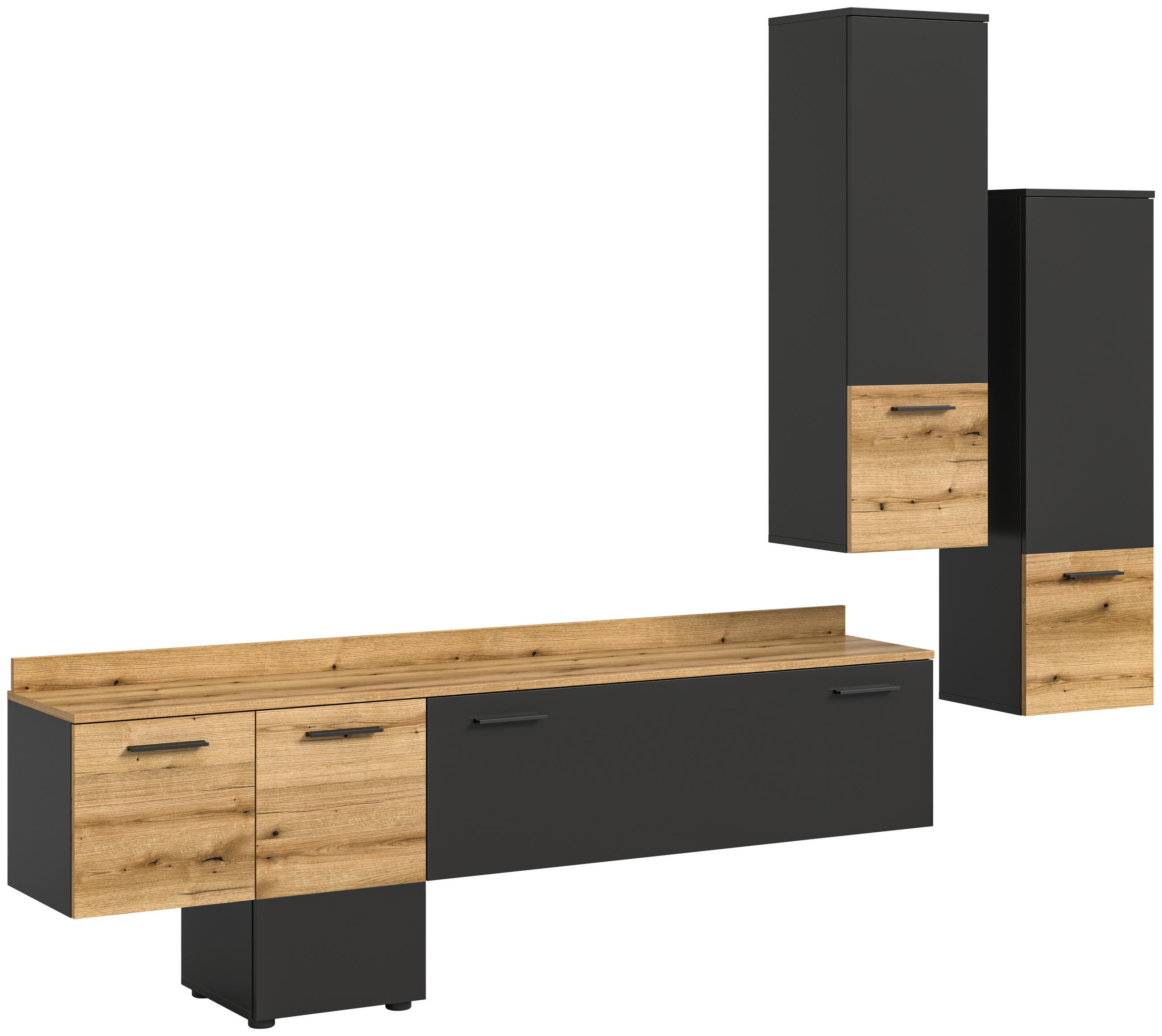 WOHNWAND 3-teilig  in Grau, Eichefarben  247/196/37 cm  - Eichefarben/Schwarz, Design, Holzwerkstoff/Kunststoff (247/196/37cm) - Livetastic