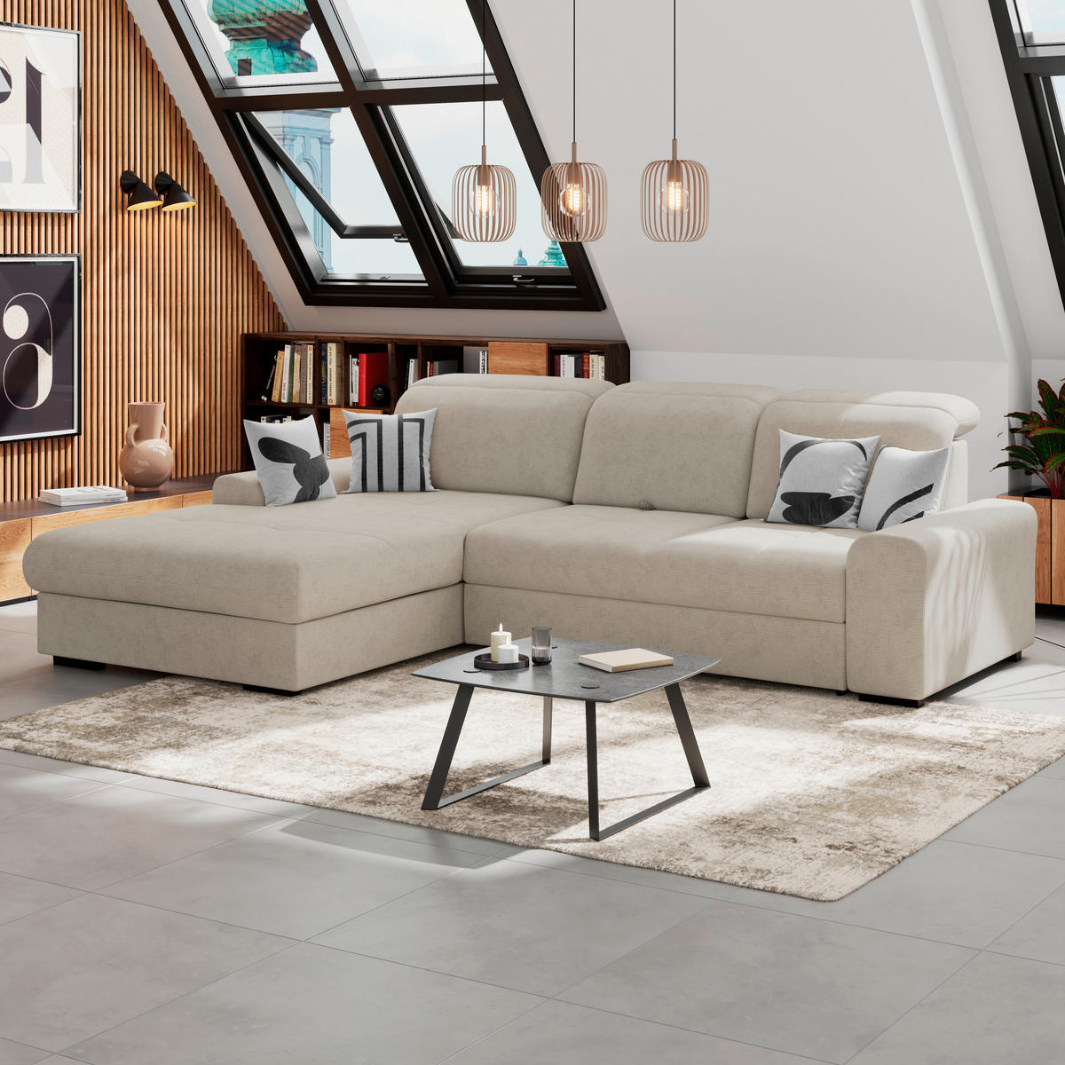 ECKSOFA Chenille Hellgrau  - Hellgrau/Schwarz, Konventionell, Holz/Textil (203/286cm) - MID.YOU