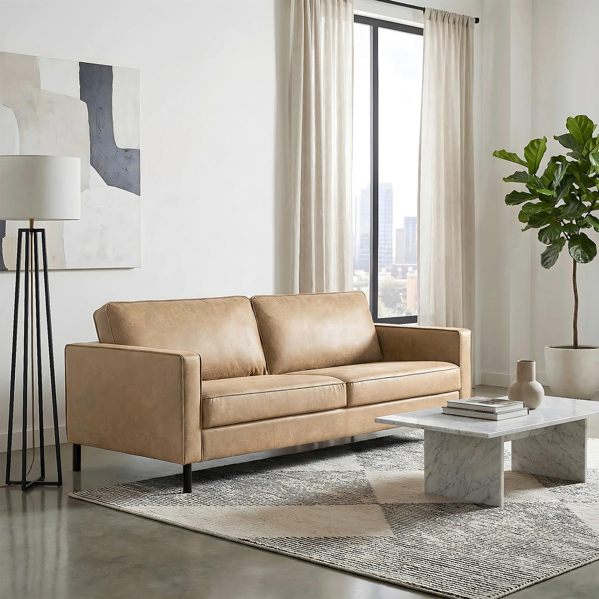 3-SITZER-SOFA  in Lederlook Echtleder Sandfarben Modern  - Sandfarben/Schwarz, Design, Leder/Textil (188/85/92cm) - Livetastic