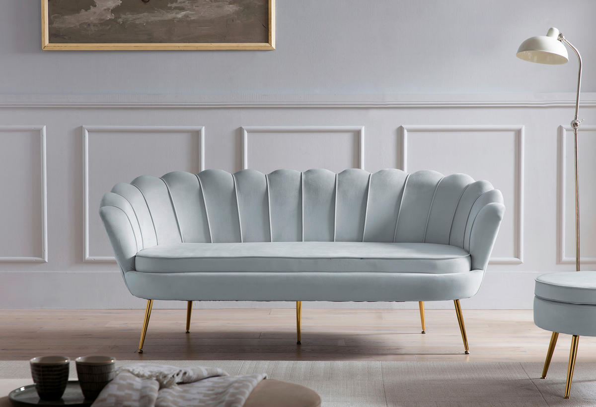 3-SITZER-SOFA in Samt Hellgrau  - Goldfarben/Hellgrau, MODERN, Textil/Metall (180/78/76cm) - Livetastic