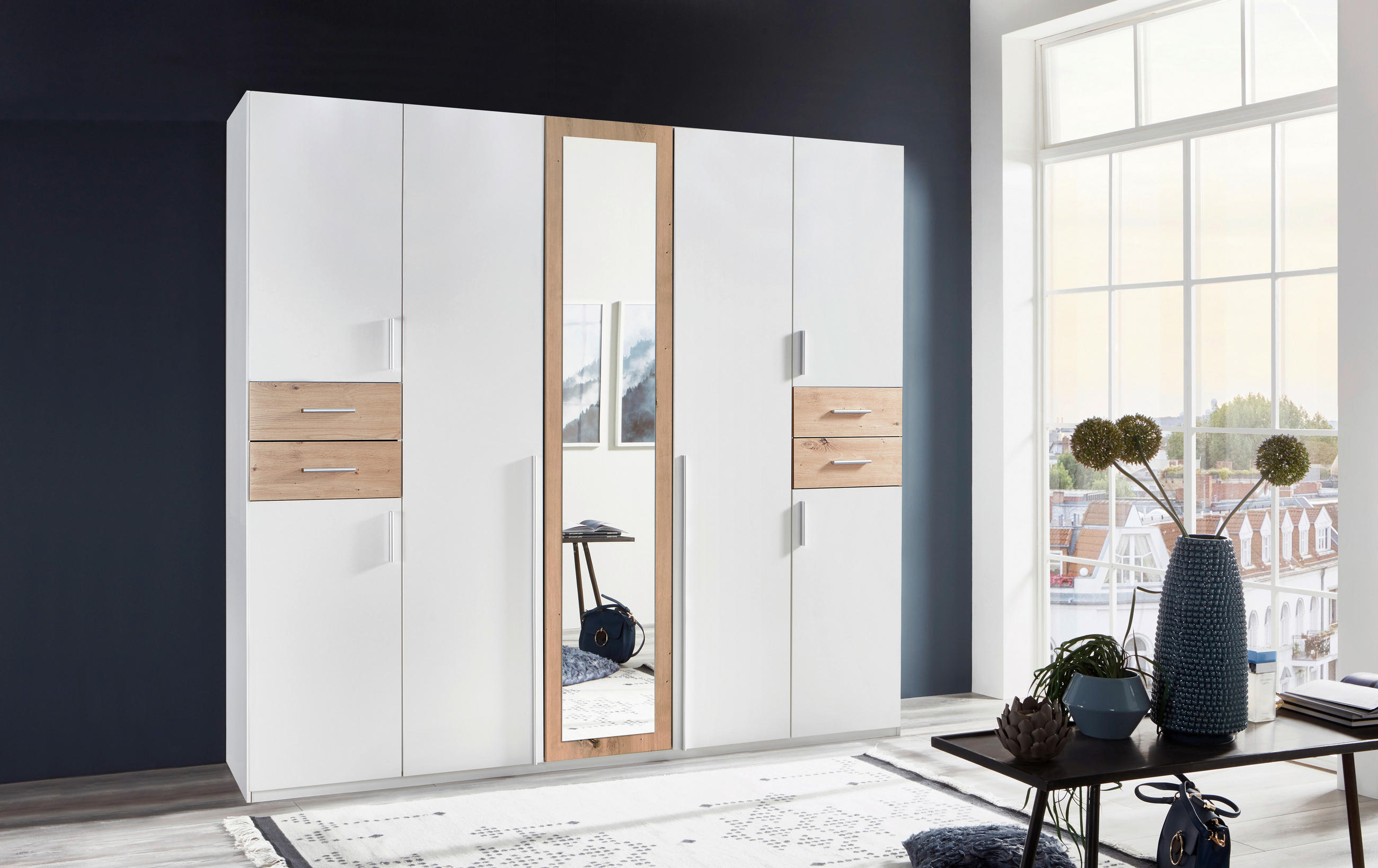 DREHTÜRENSCHRANK 225/208/58 cm 7-türig Weiß, Eiche Artisan  - Silberfarben/Weiß, Basics, Holzwerkstoff (225/208/58cm) - MID.YOU