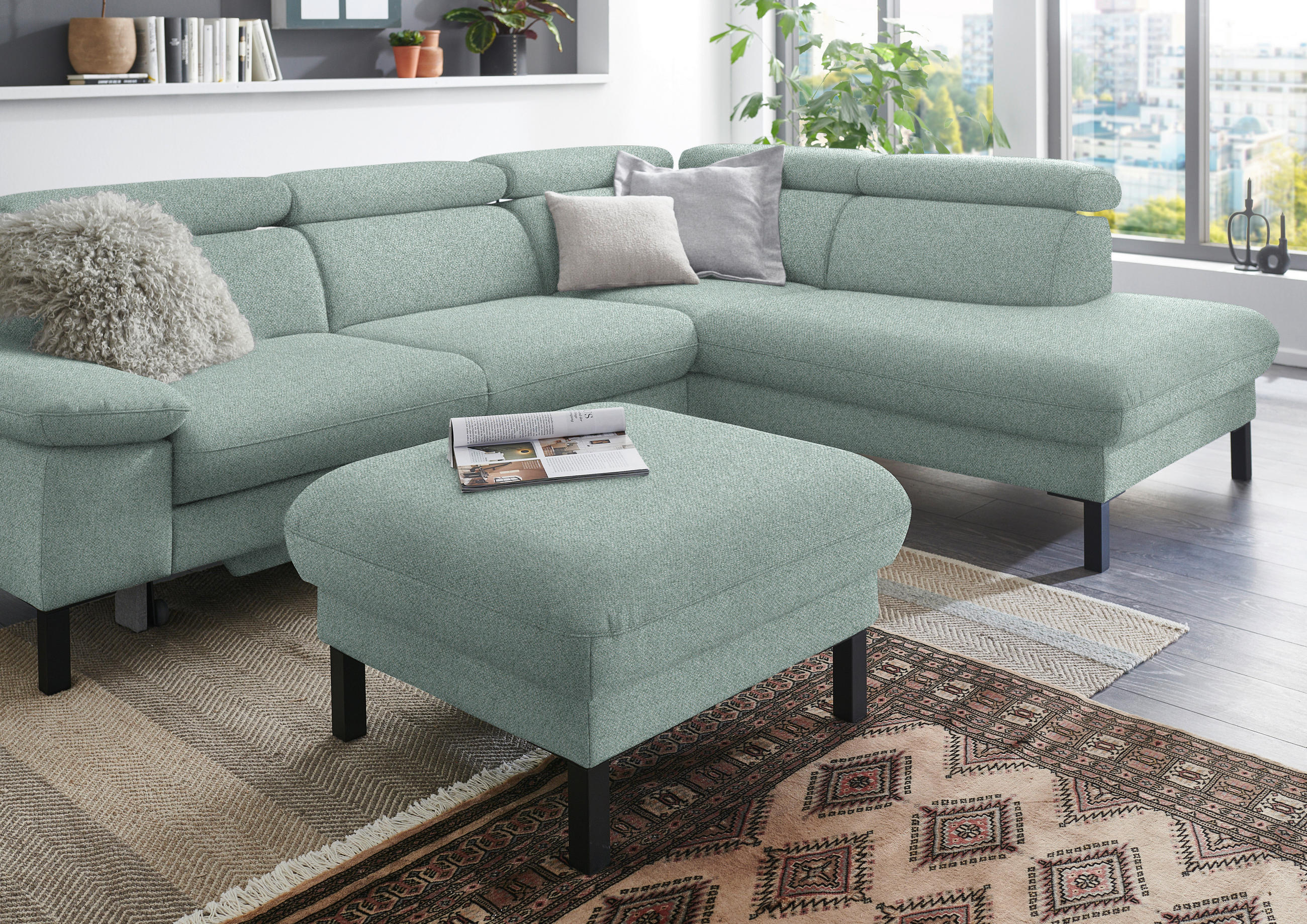HOCKER in Textil Mintgrün  - Schwarz/Mintgrün, Design, Textil/Metall (74/46/74cm) - Pure Home Comfort