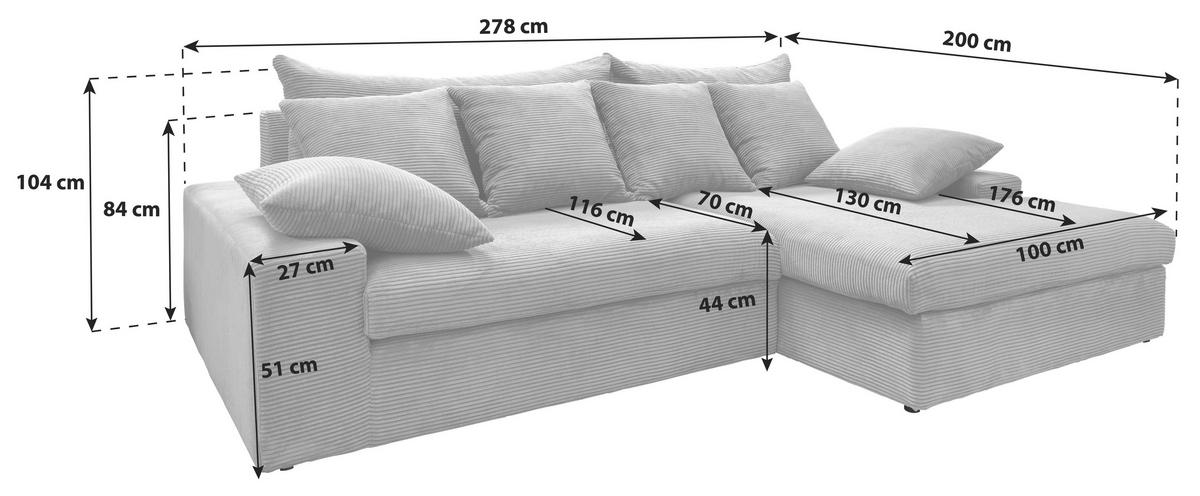 ECKSOFA Grau Cord  - Schwarz/Grau, MODERN, Kunststoff/Textil (278/200cm) - Livetastic