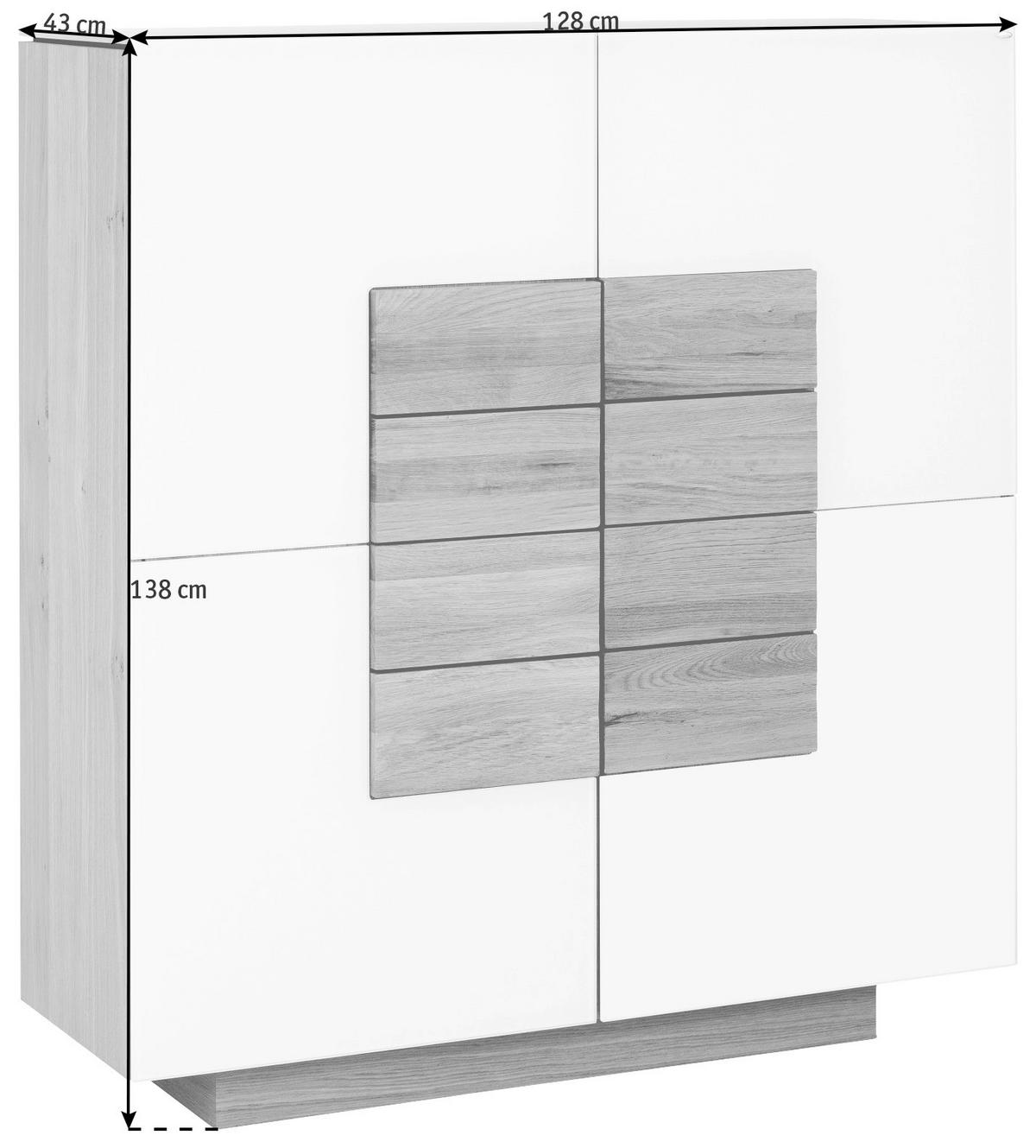 VISOKA KOMODA   128/138/43 cm   bijela, boje hrasta  - bijela/boje hrasta, Design, staklo/drvo (128/138/43cm) - Voglauer