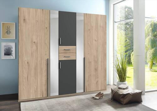 KLEIDERSCHRANK 225/208/58 cm 6-türig Graphitfarben, Eichefarben  - Eichefarben/Alufarben, KONVENTIONELL, Glas/Holzwerkstoff (225/208/58cm) - Carryhome