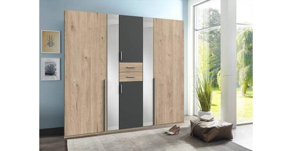 KLEIDERSCHRANK 225/208/58 cm 6-türig Graphitfarben, Eichefarben - Eichefarben/Alufarben, KONVENTIONELL, Glas/Holzwerkstoff (225/208/58cm) - Carryhome