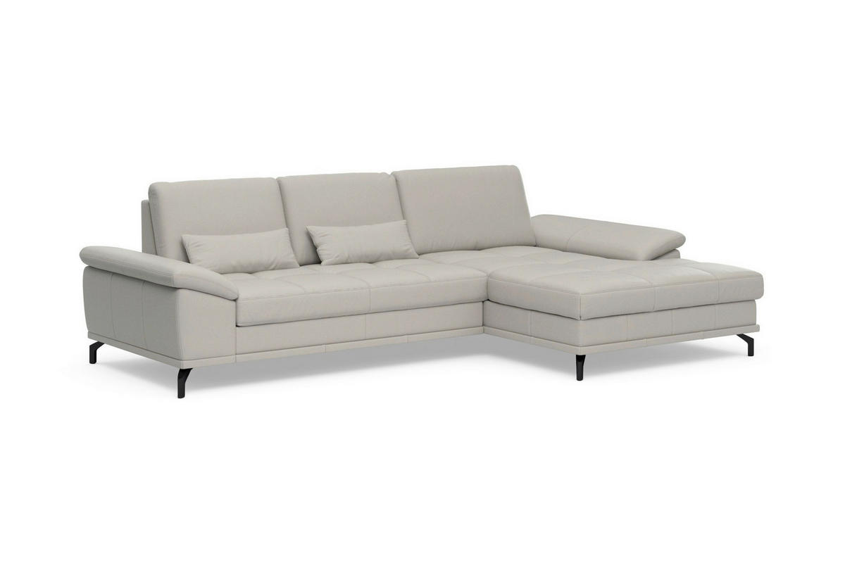 ECKSOFA COSTELLO E Hellgrau Echtleder Nierenkissen, Armteilverstellung, Sitztiefenverstellung  - Hellgrau/Schwarz, Basics, Leder/Textil (301/176cm) - Sit & More