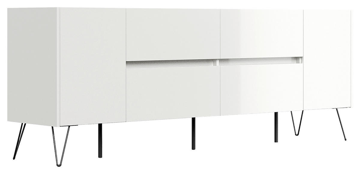 SIDEBOARD Posseik Industrial 199/75,8/42 cm 4 Schublade(n)  - Weiß Hochglanz/Schwarz, Design, Holzwerkstoff/Metall (199/75,8/42cm) - MID.YOU