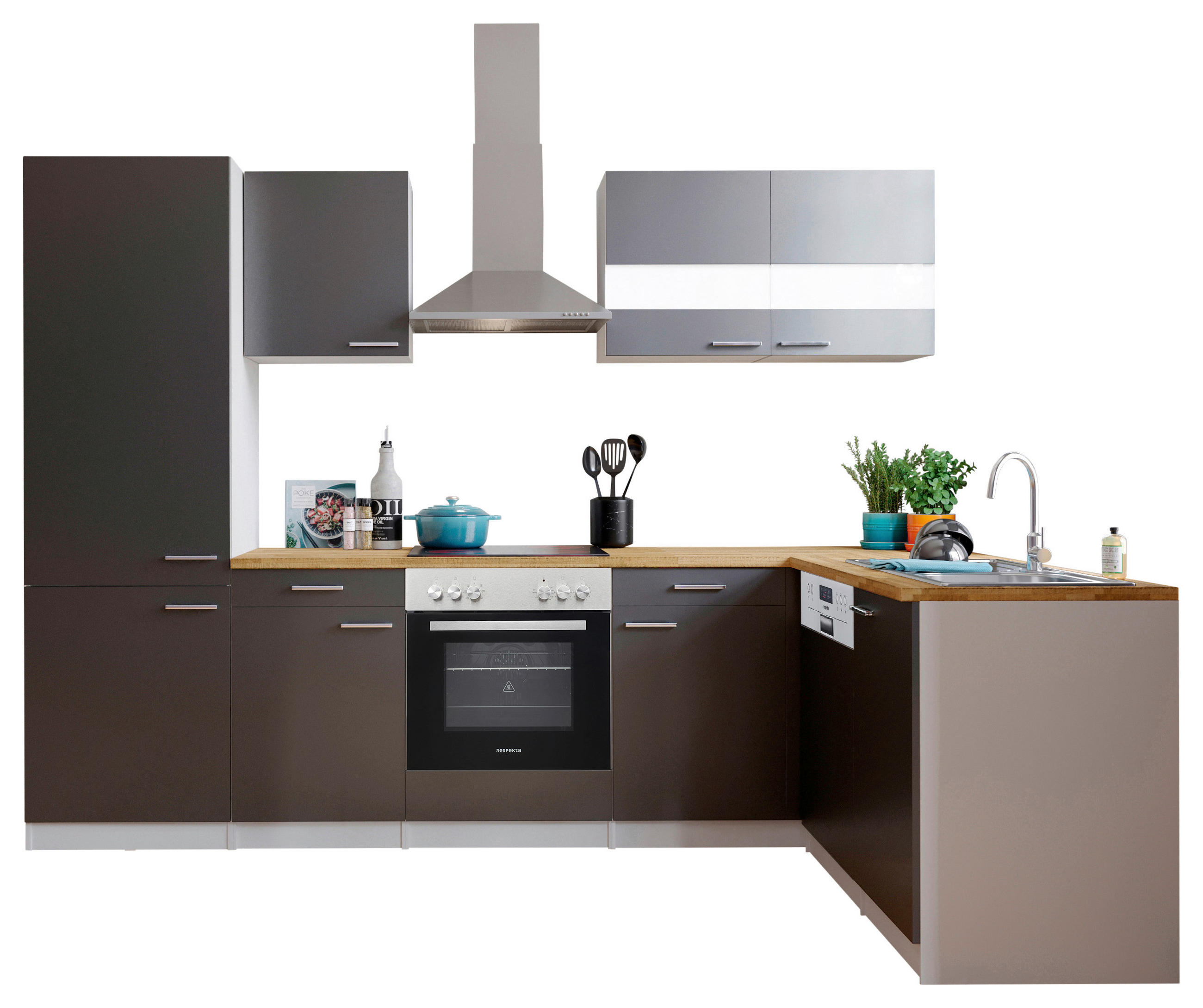 ECKKÜCHE 280/172 cm  in Grau  - Edelstahlfarben/Nussbaumfarben, Basics, Holzwerkstoff/Metall (280/172cm) - Respekta