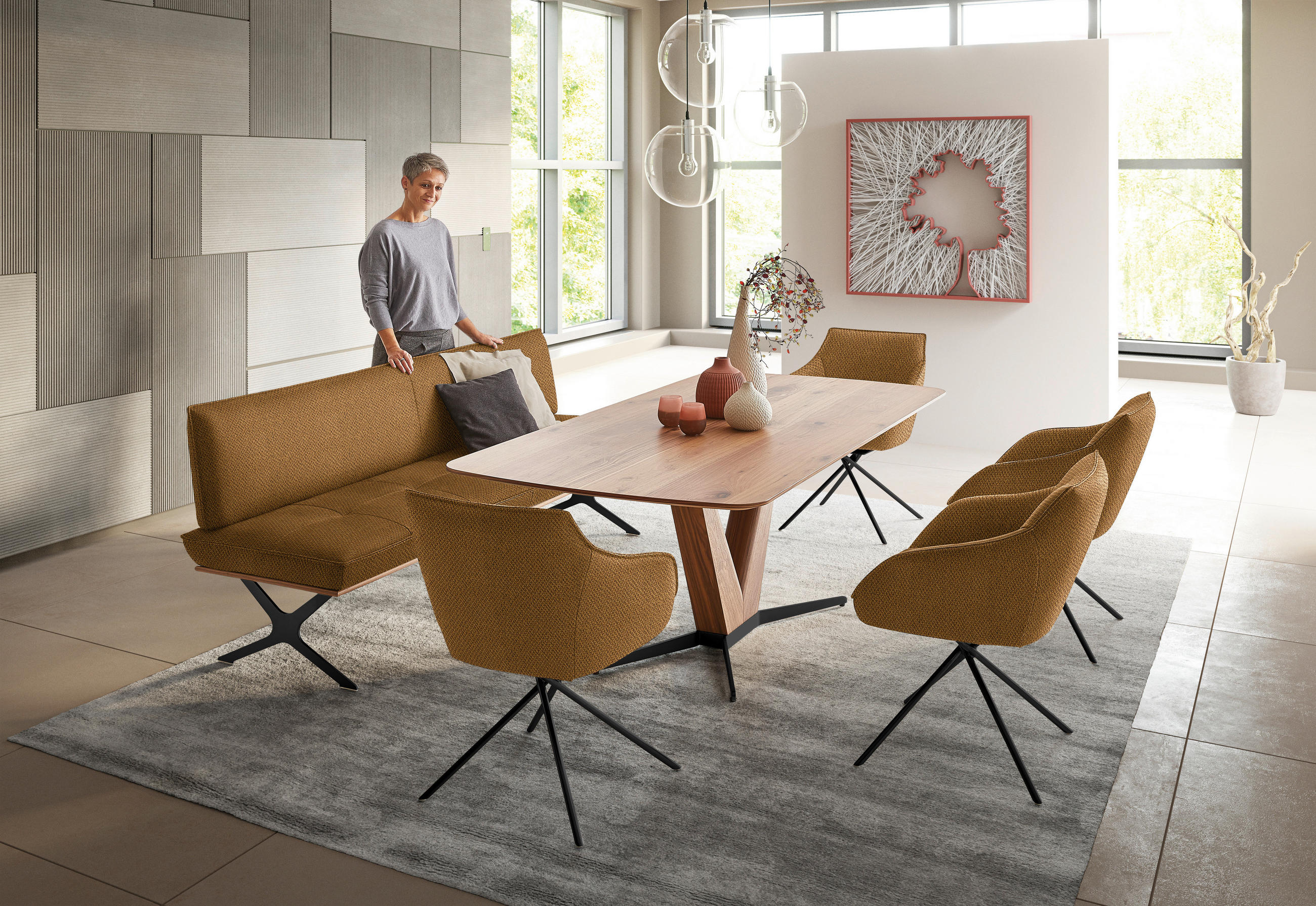 SITZBANK 214/88/66 cm  in Schwarz, Nussbaumfarben, Currygelb  - Currygelb/Nussbaumfarben, Design, Holz/Textil (214/88/66cm) - Koinor
