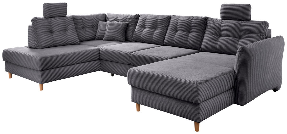 WOHNLANDSCHAFT in Cord Grau  - Naturfarben/Grau, Modern, Holz/Textil (206/338-352/176cm) - Livetastic