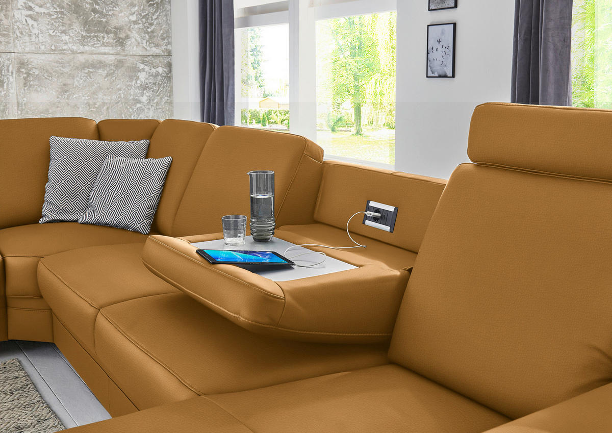WOHNLANDSCHAFT Echtleder Senfgelb  - Senfgelb/Alufarben, Konventionell, Leder/Metall (239/329/165cm) - Beldomo Premium