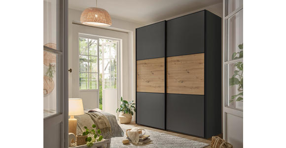 SCHWEBETÜRENSCHRANK  in Dunkelgrau, Eiche Artisan  - Dunkelgrau/Schwarz, KONVENTIONELL, Holzwerkstoff/Metall (167/222/68cm) - Moderano