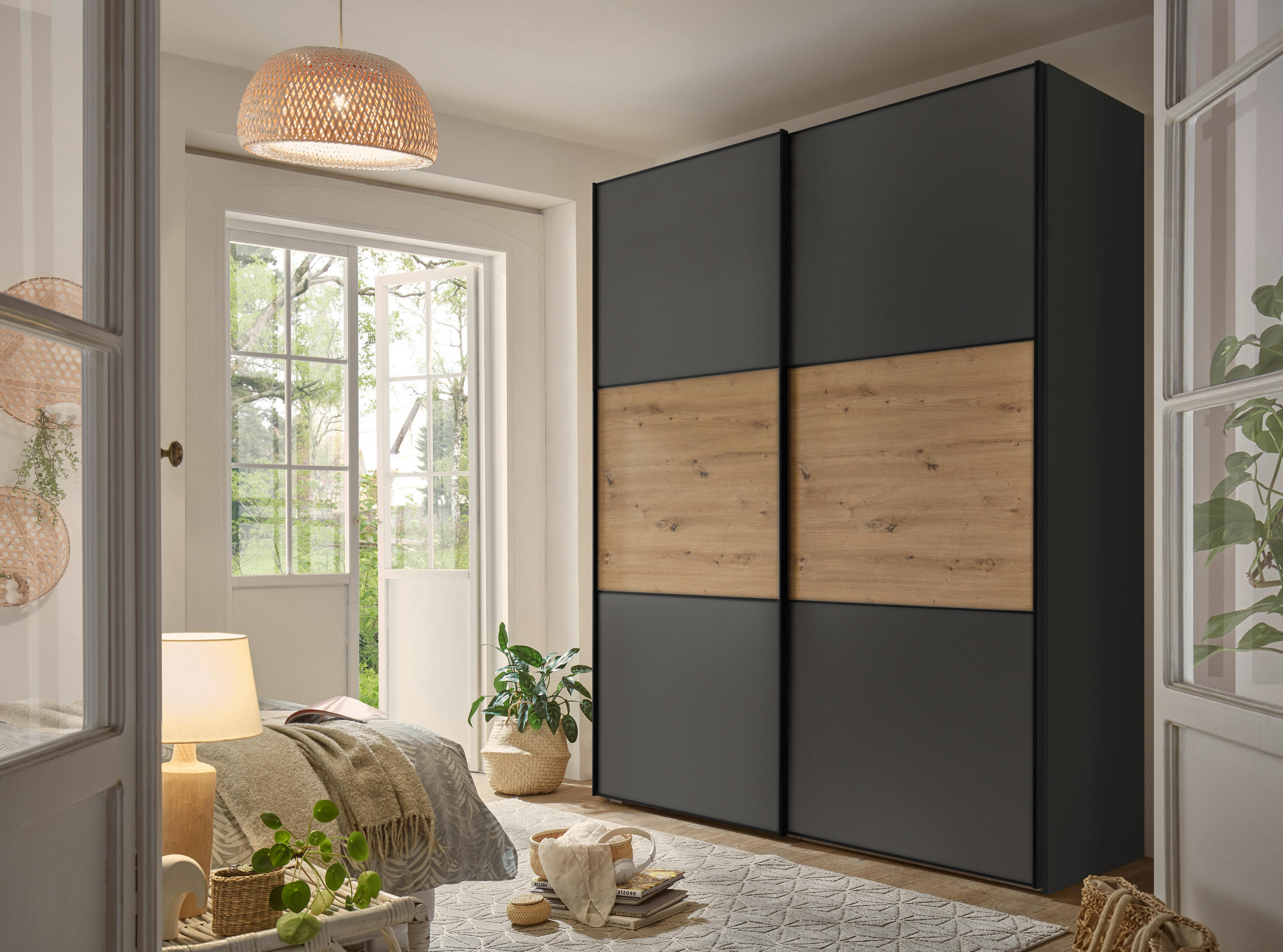 SCHWEBETÜRENSCHRANK 2-türig Dunkelgrau, Eiche Artisan  - Dunkelgrau/Schwarz, KONVENTIONELL, Holzwerkstoff/Metall (167/222/68cm) - Moderano
