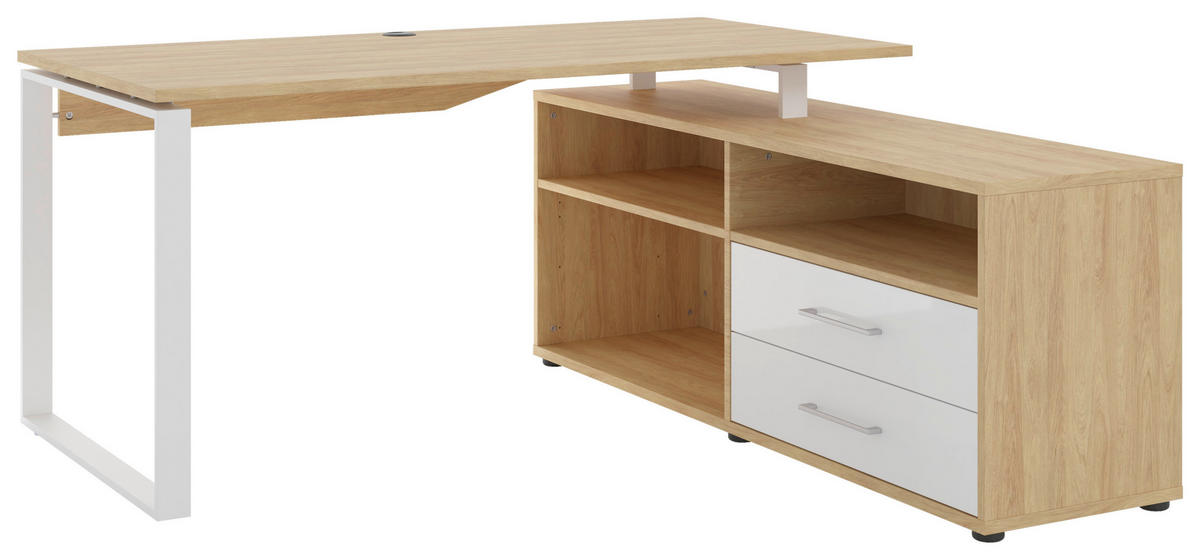 ECKSCHREIBTISCH 160/158/75 cm  in Weiß, Hickory  - Weiß Hochglanz/Anthrazit, Basics, Holzwerkstoff/Metall (160/158/75cm) - Novel