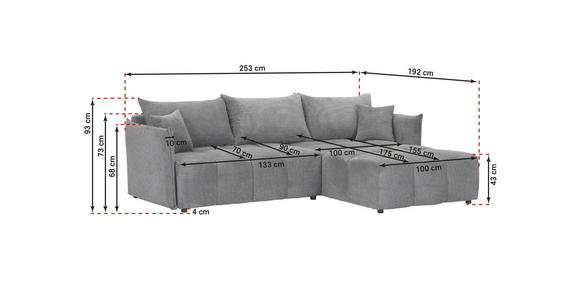 ECKSOFA Grau Plüsch Zierkissen, Rückenkissen, Bettkasten, Schlaffunktion, Rücken echt, Liegefläche im Originalstoff  - Schwarz/Grau, KONVENTIONELL, Kunststoff/Textil (253/192cm) - Carryhome