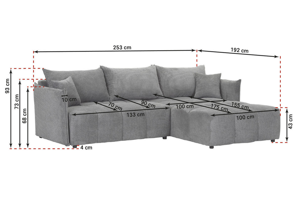 ECKSOFA Grau Plüsch Zierkissen, Rückenkissen, Bettkasten, Schlaffunktion, Rücken echt, Liegefläche im Originalstoff  - Schwarz/Grau, KONVENTIONELL, Kunststoff/Textil (253/192cm) - Carryhome