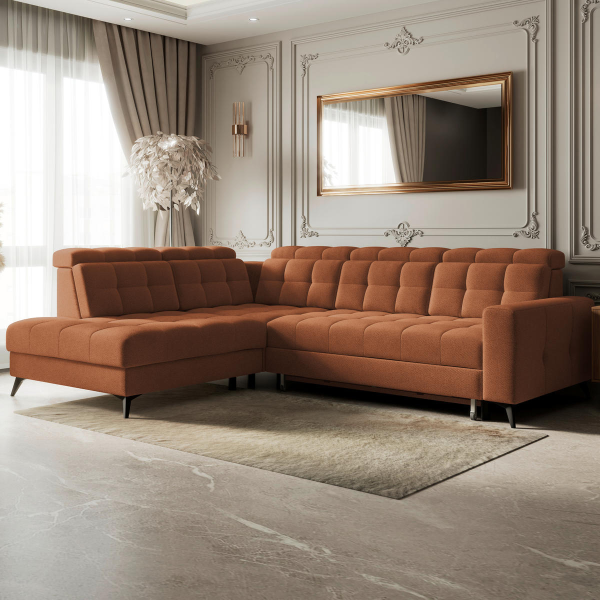 ECKSOFA BARLETTA NEW Terracotta Velours Bettkasten, Kopfteilverstellung, Sitztiefenverstellung, Liegefläche im Originalstoff  - Terracotta/Schwarz, ROMANTIK / LANDHAUS, Textil/Metall (228/289cm) - MID.YOU