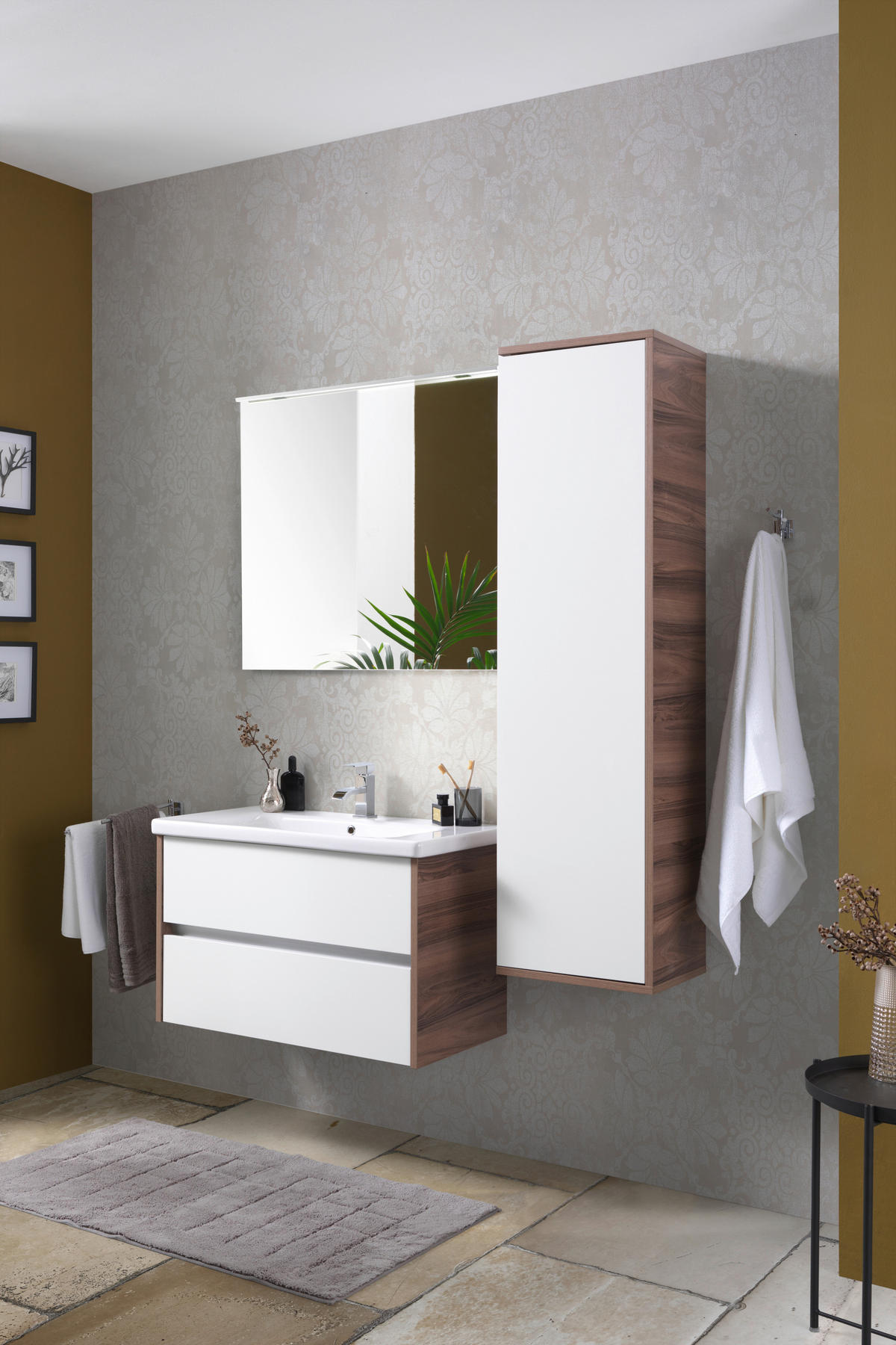 WASCHTISCHKOMBI 90 cm  - Weiß Hochglanz/Nussbaumfarben, Basics, Keramik/Holzwerkstoff (90cm) - Voleo