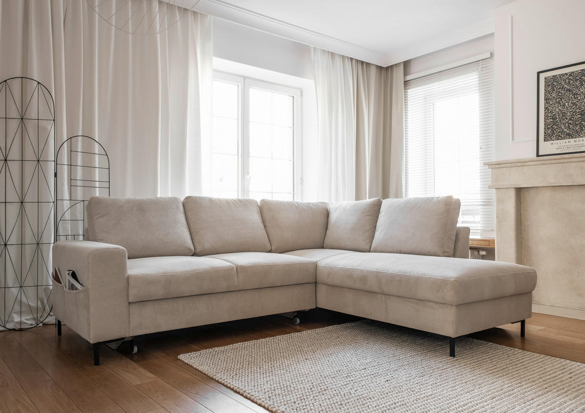 ECKSOFA in Cord Beige  - Beige/Schwarz, Design, Textil/Metall (237/197cm) - MID.YOU